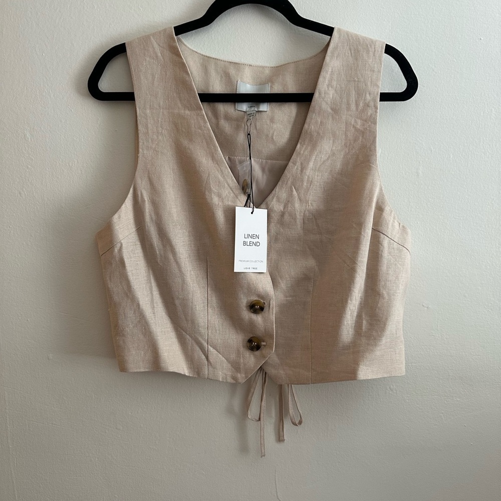 Love Tree Beige Linen Blend Sleeveless Blouse